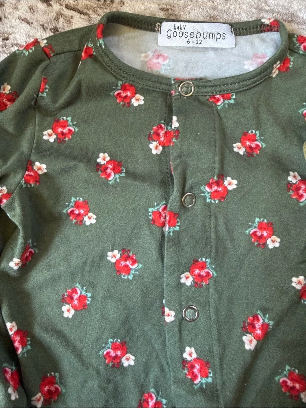 6-12 Months - Baby Goosebumps button onesies - green/olive floral patterns